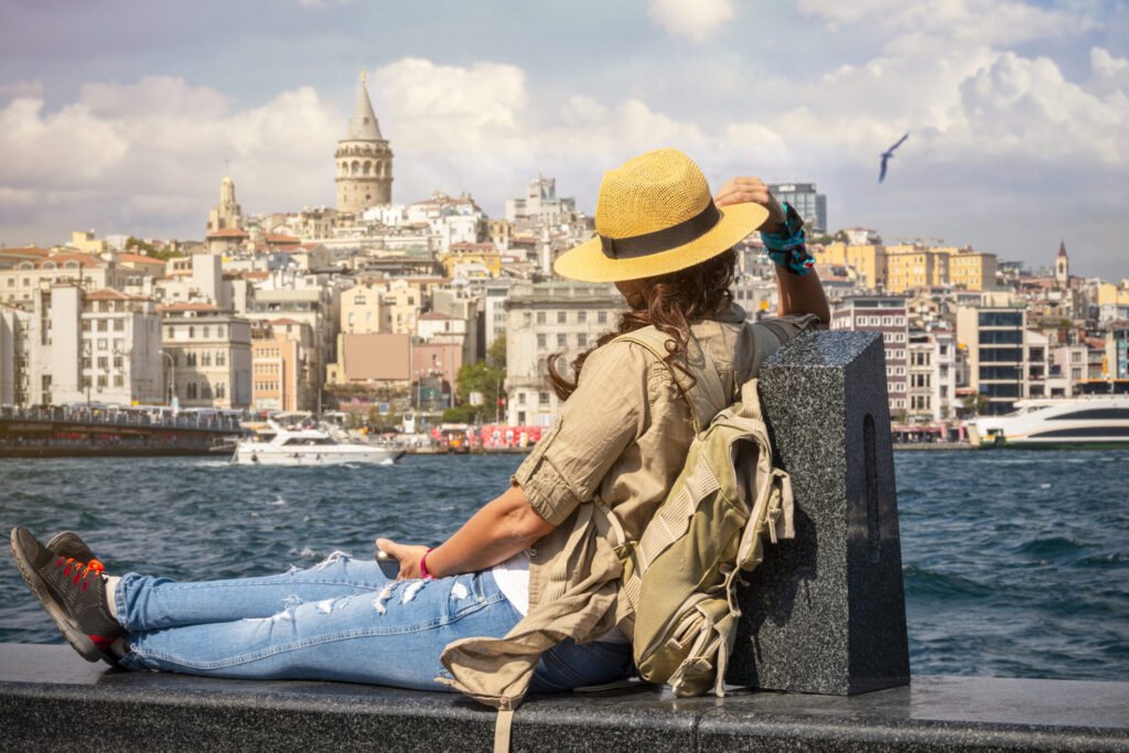 Tourist woman on Eminonu coast in İstanbul
